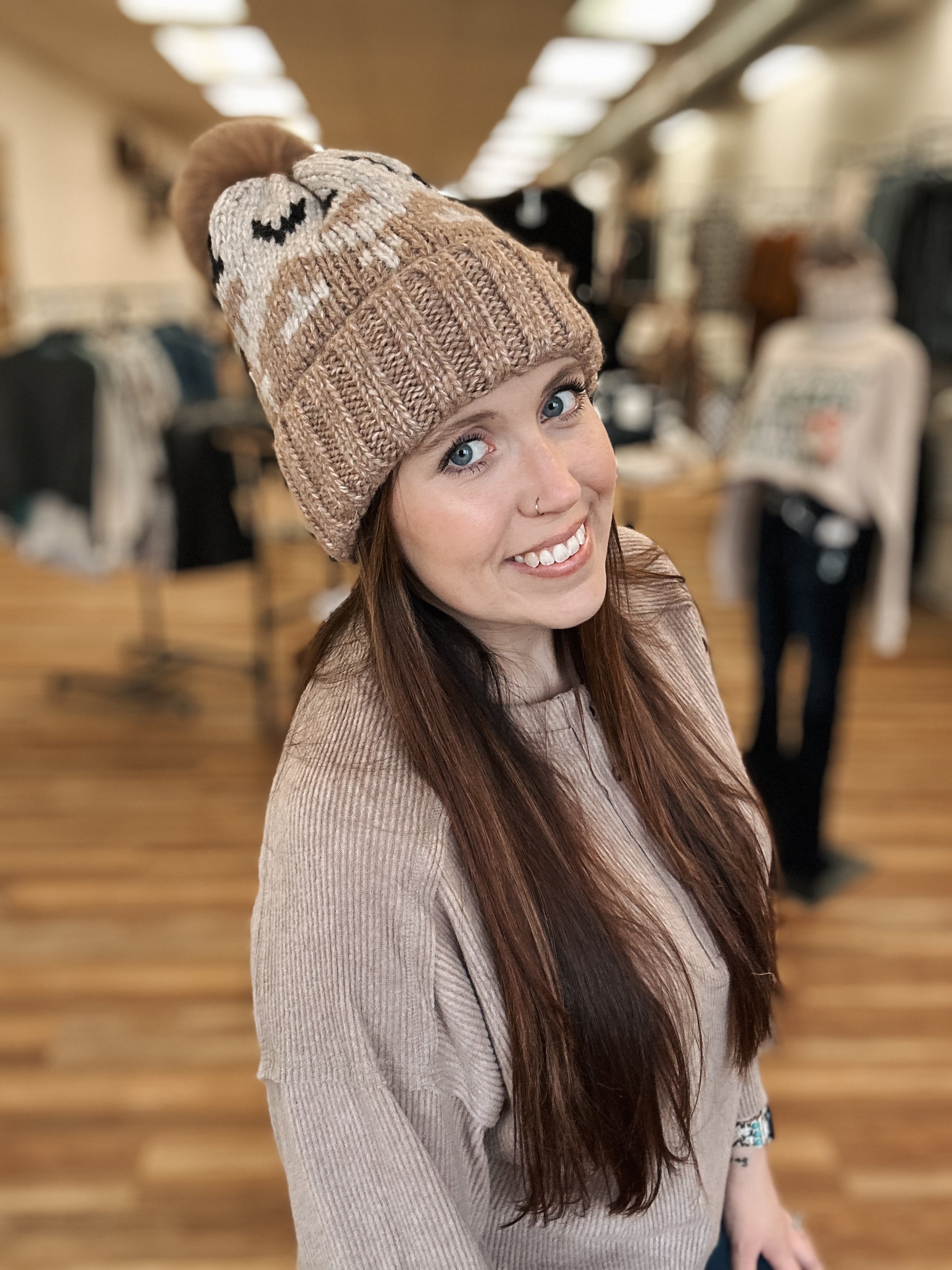 AZTEC POM POM BEANIE - MOCHA