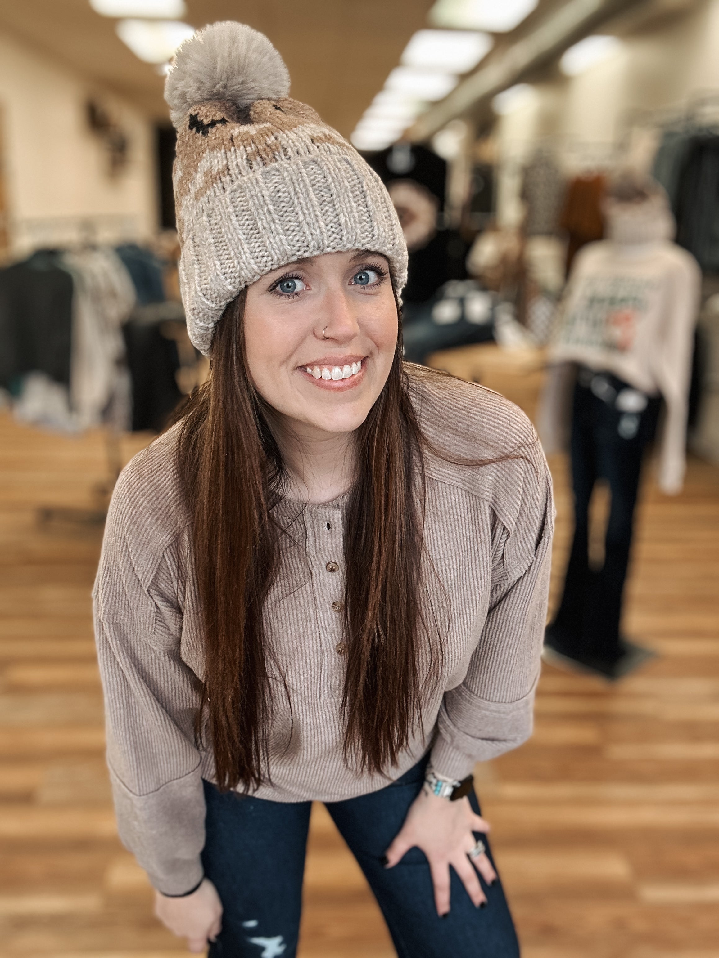 AZTEC POM POM BEANIE - BONE