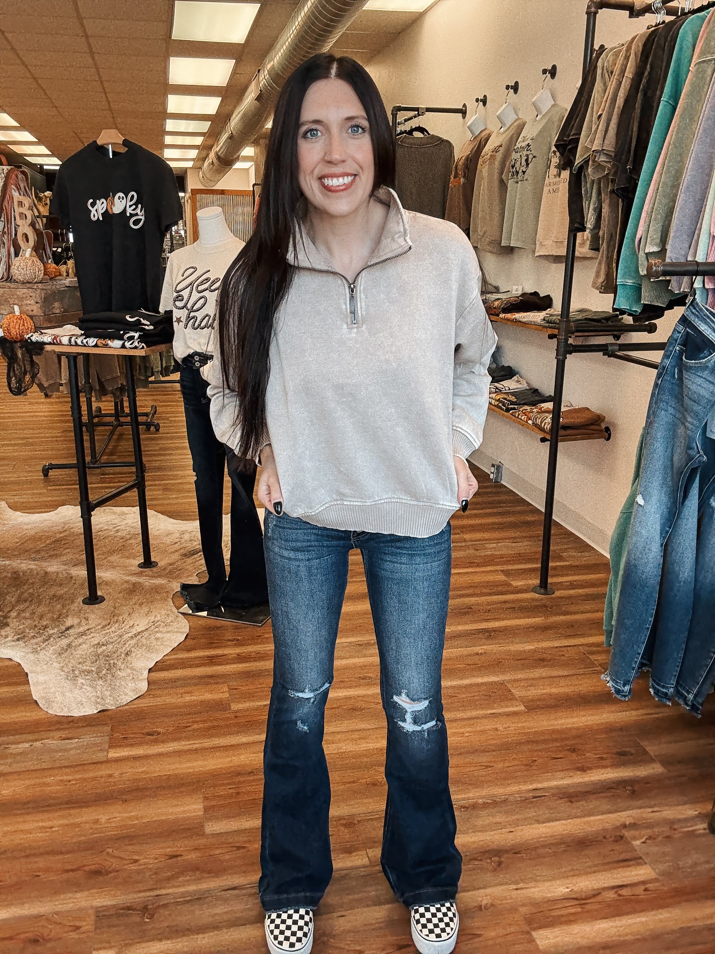 CROPPED ACID WASH 1/4 ZIP - ASH MOCHA