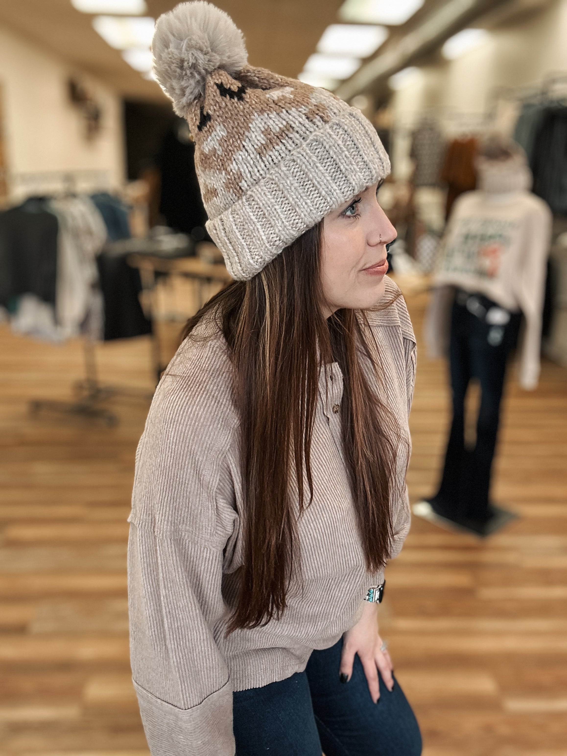 AZTEC POM POM BEANIE - BONE