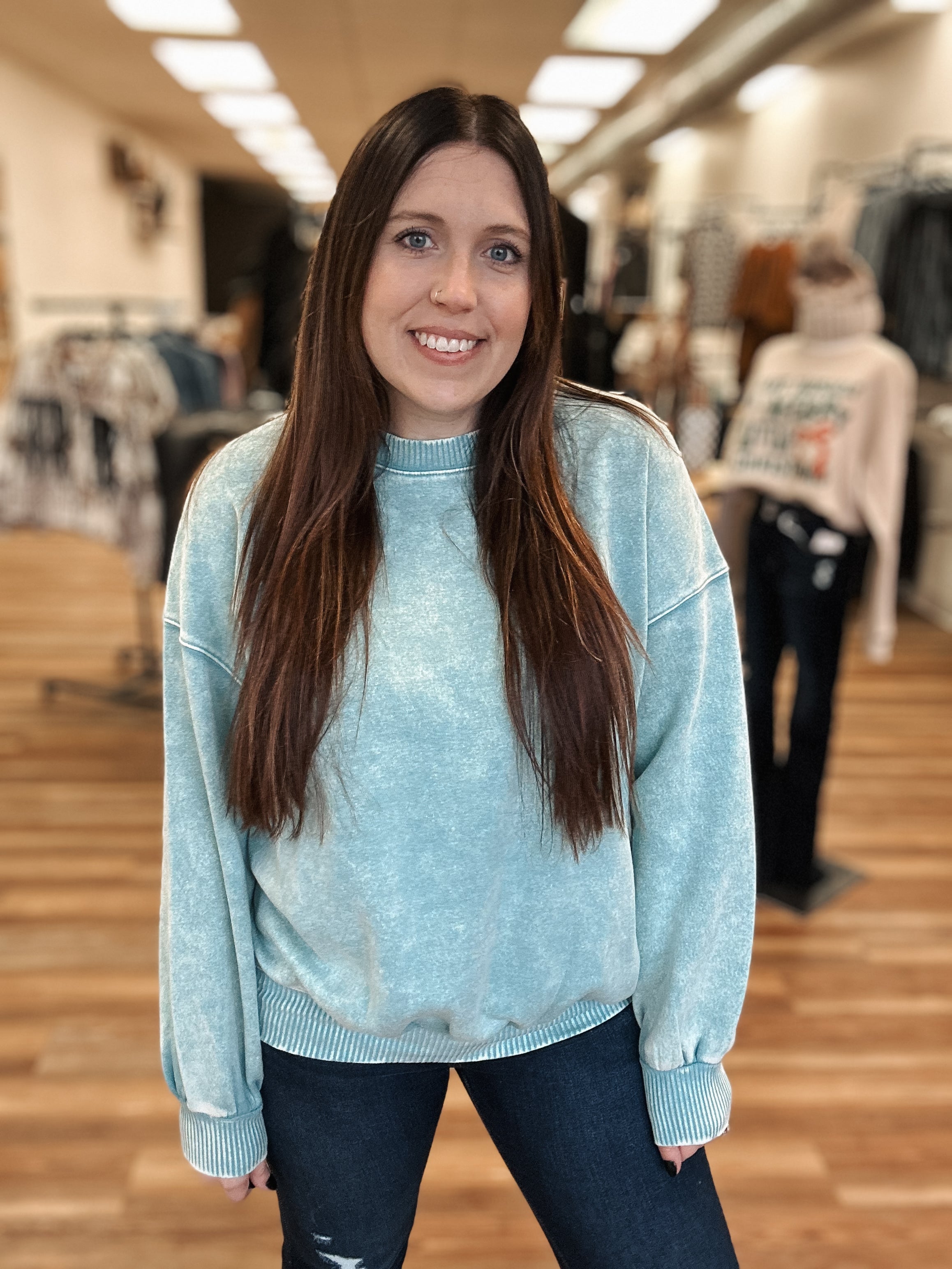 OVERSIZED ACID WASH FLEECE PULLOVER - DUSTY TEAL