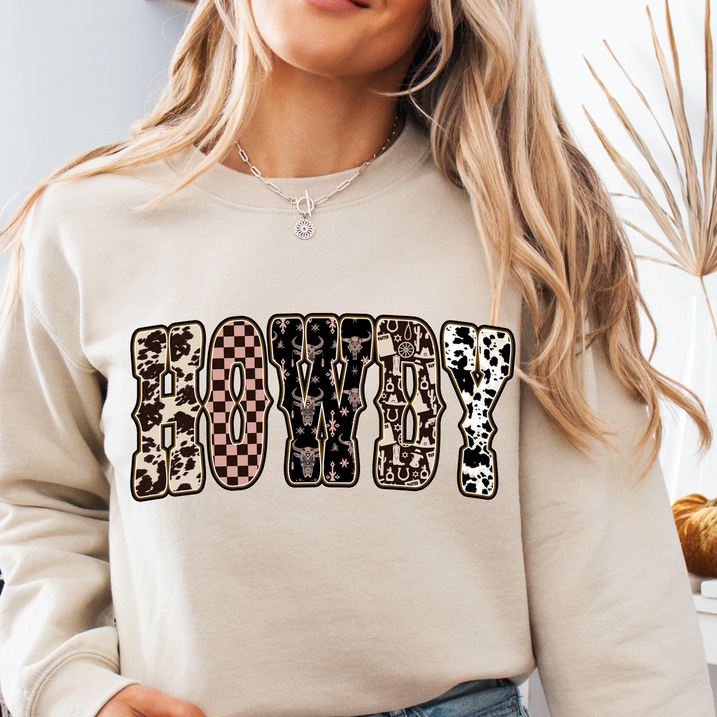 HOWDY CHECKER COW GRAPHIC SHIRT OR SWEATSHIRT