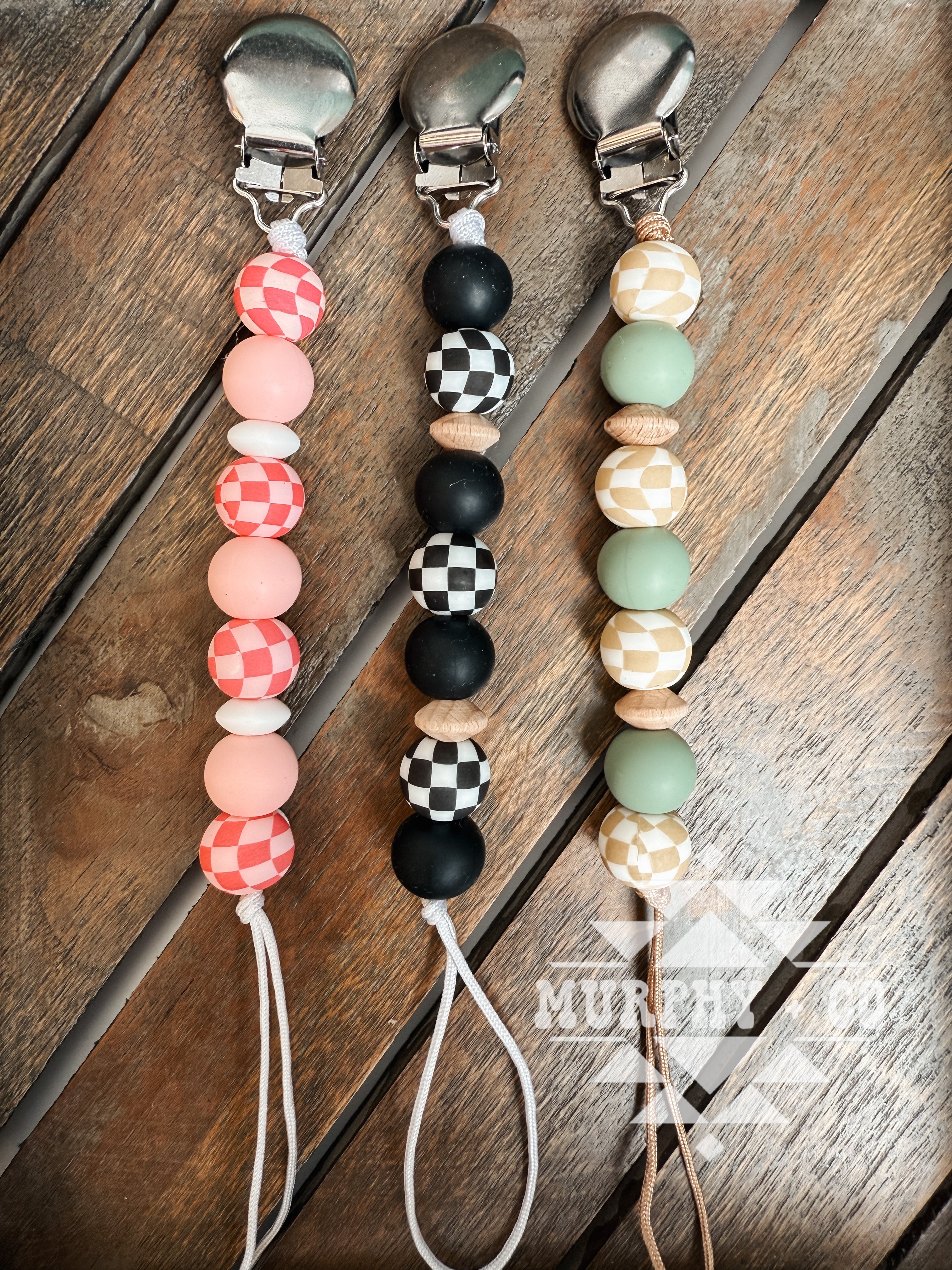 STACKED CHECKER PACIFIER CLIPS [PICK YOUR SOLID COLORS]