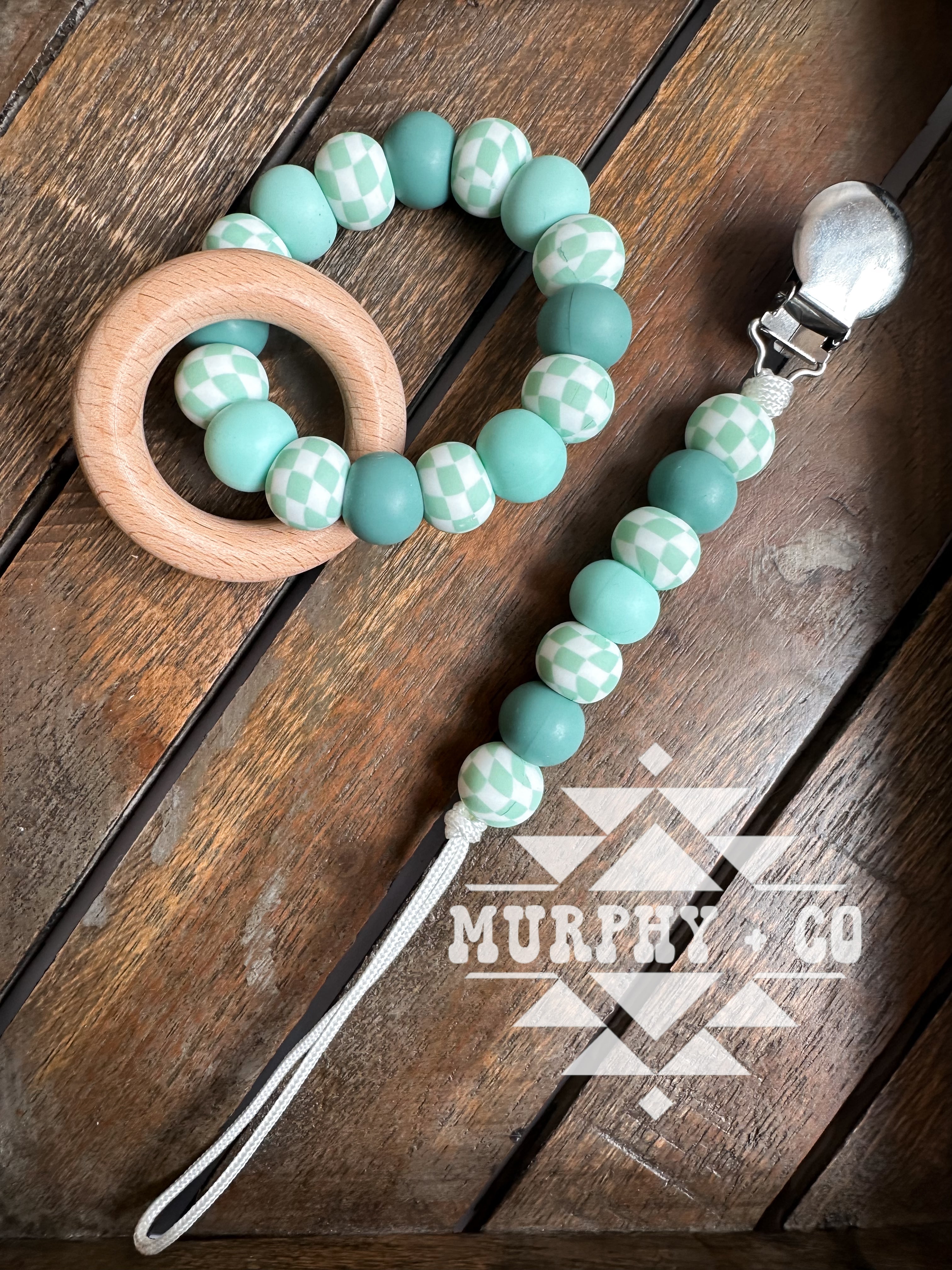 SAGEY SEAFOAM CHECKER TEETHING SET