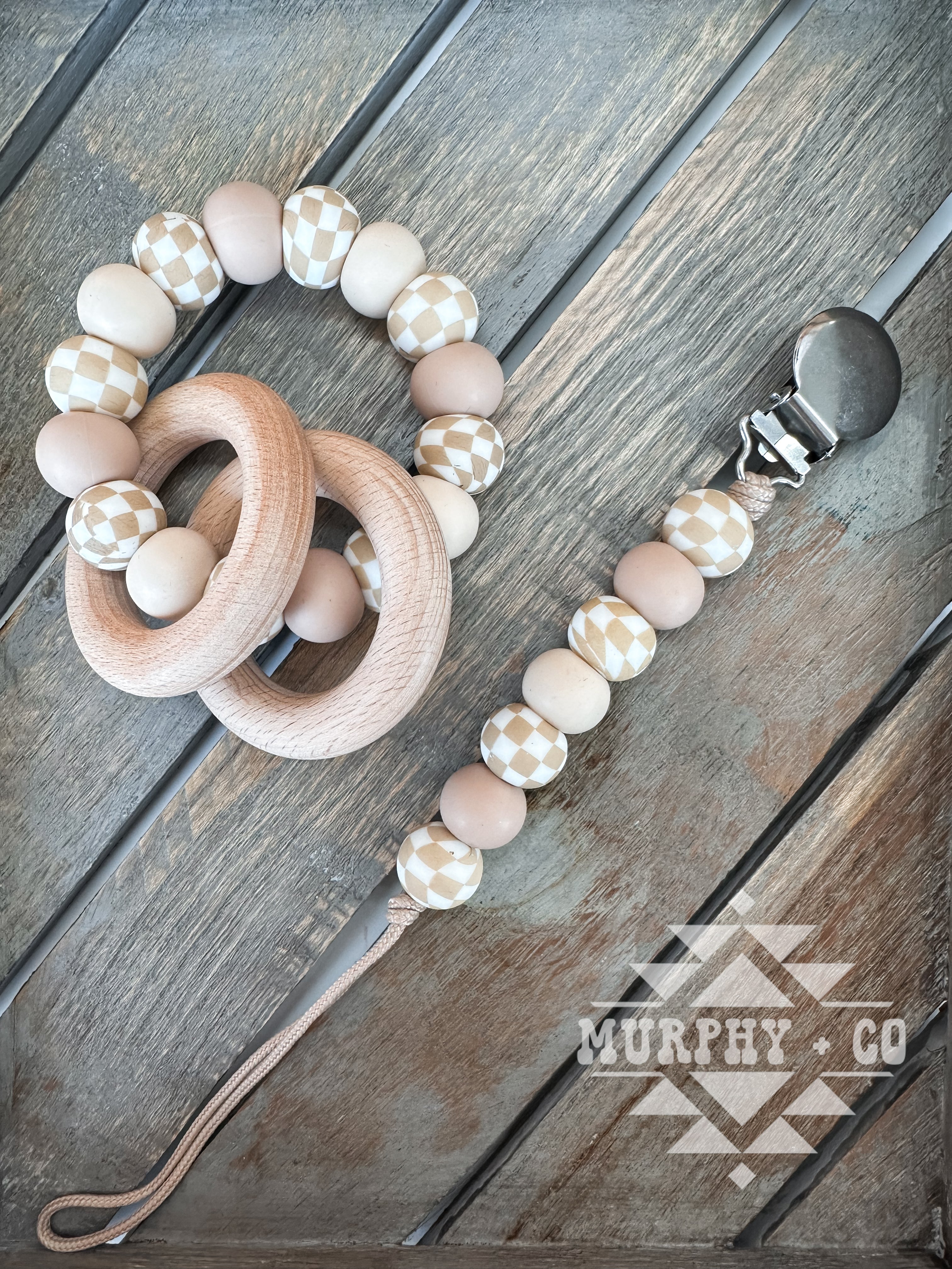 TAN CHECKER TEETHING SET [PICK YOUR SOLID COLORS]