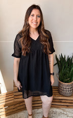 SWISS DOT BABYDOLL V-NECK DRESS - BLACK