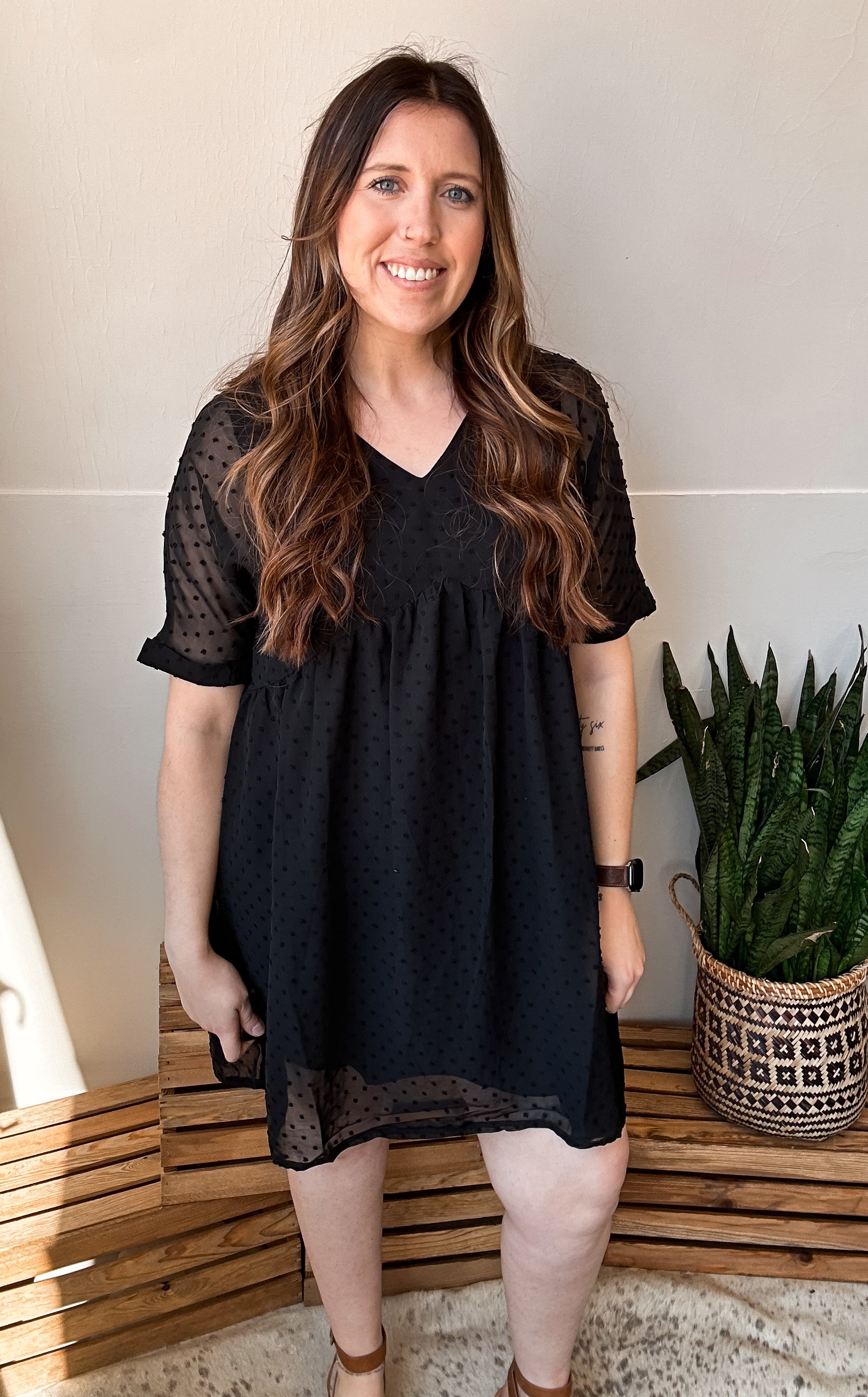 SWISS DOT BABYDOLL V-NECK DRESS - BLACK