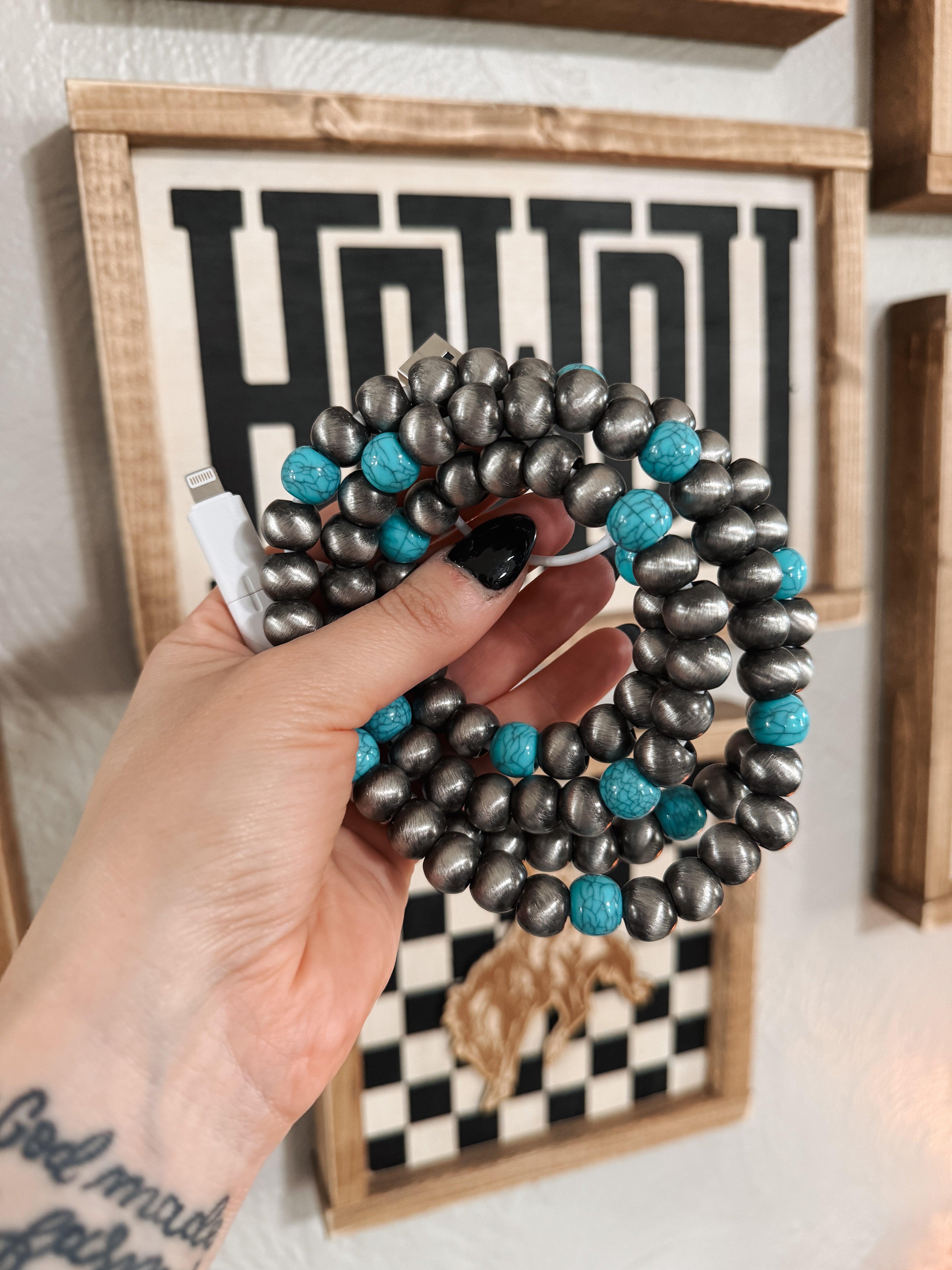 SILVER PEARLS + TURQUOISE CHARGING CORD