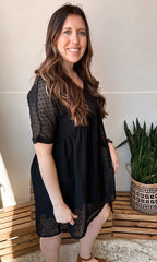 SWISS DOT BABYDOLL V-NECK DRESS - BLACK