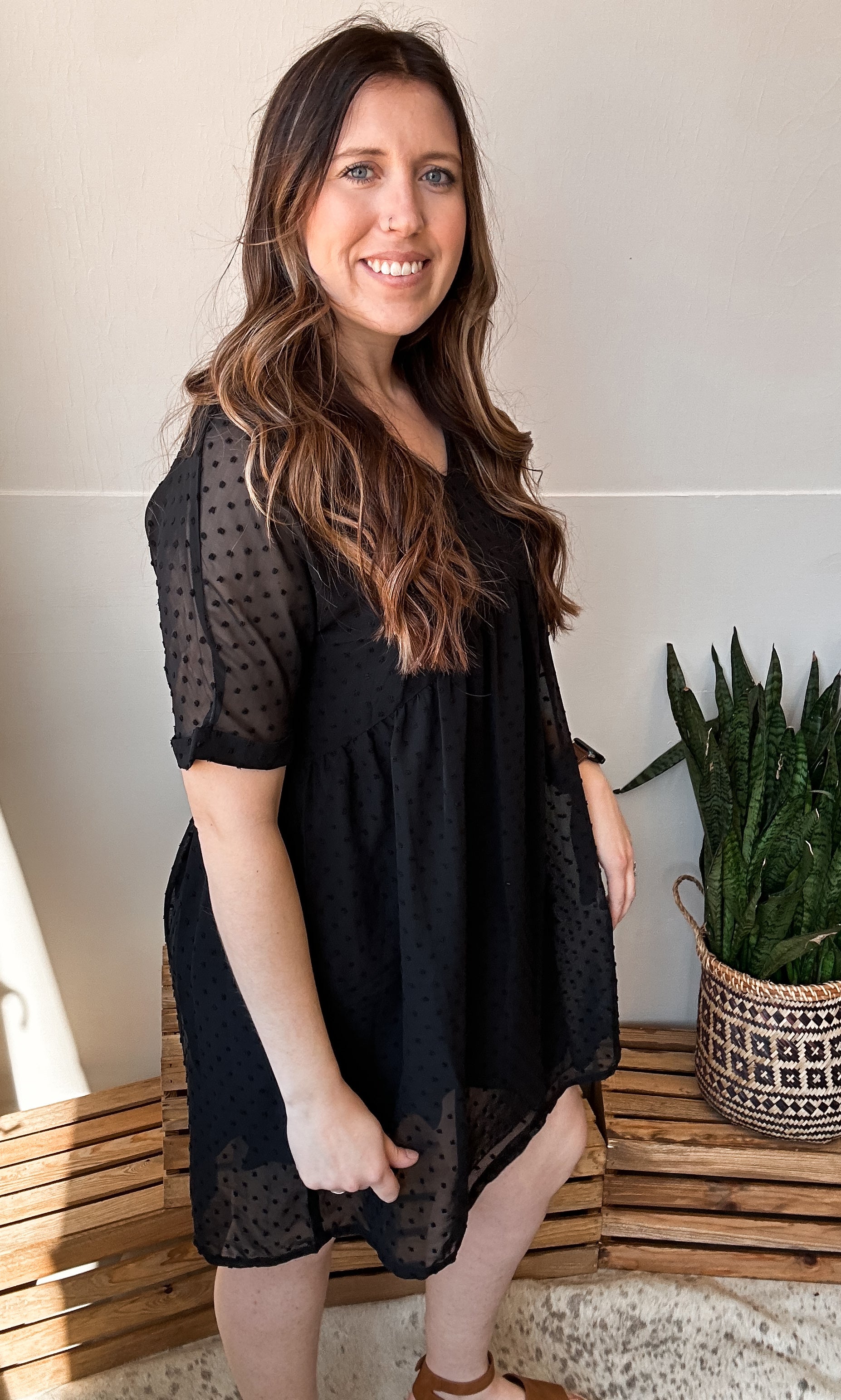 SWISS DOT BABYDOLL V-NECK DRESS - BLACK