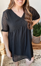 SWISS DOT BABYDOLL V-NECK DRESS - BLACK