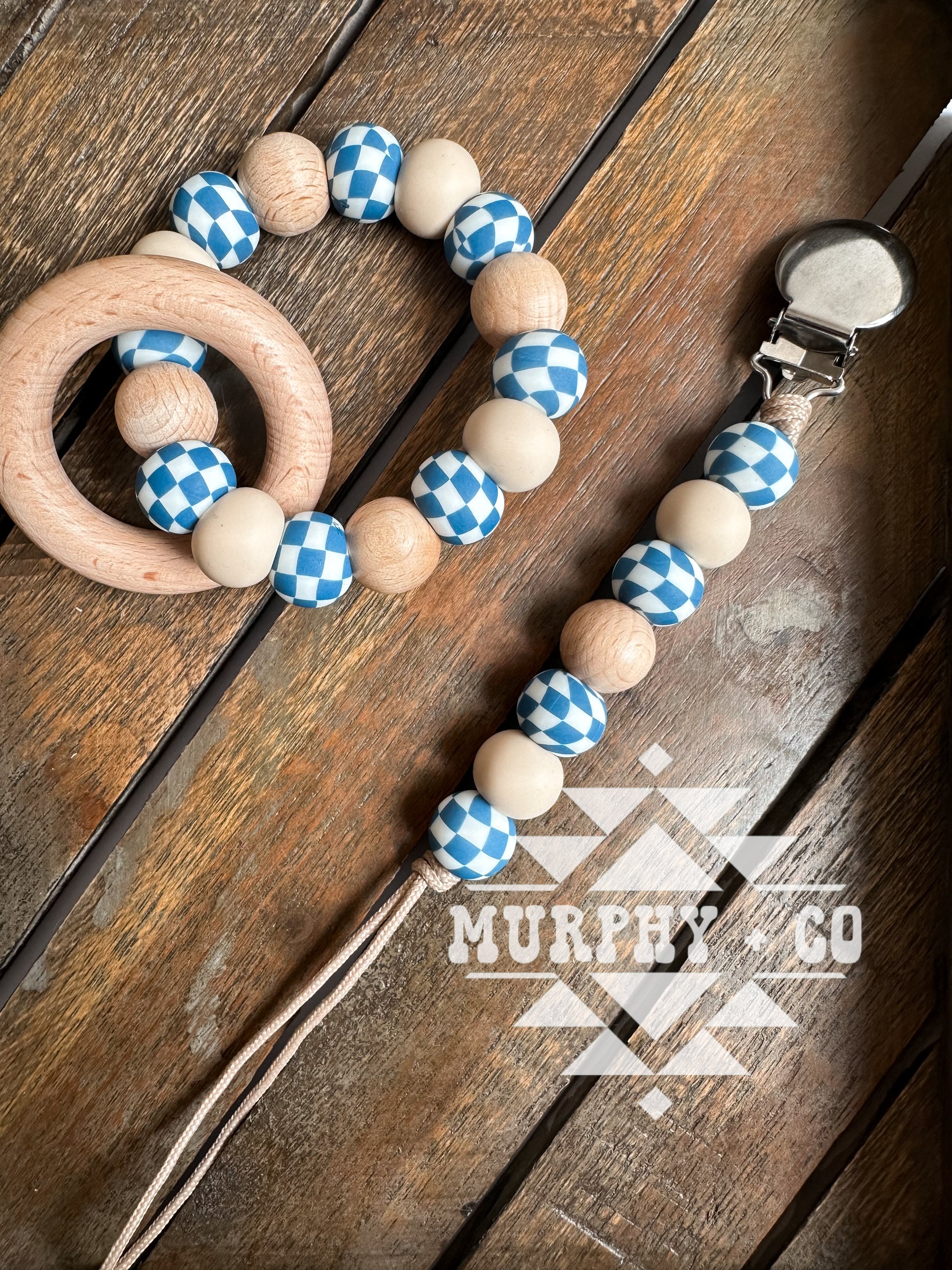 WOOD + BLUE CHECKER TEETHING SET