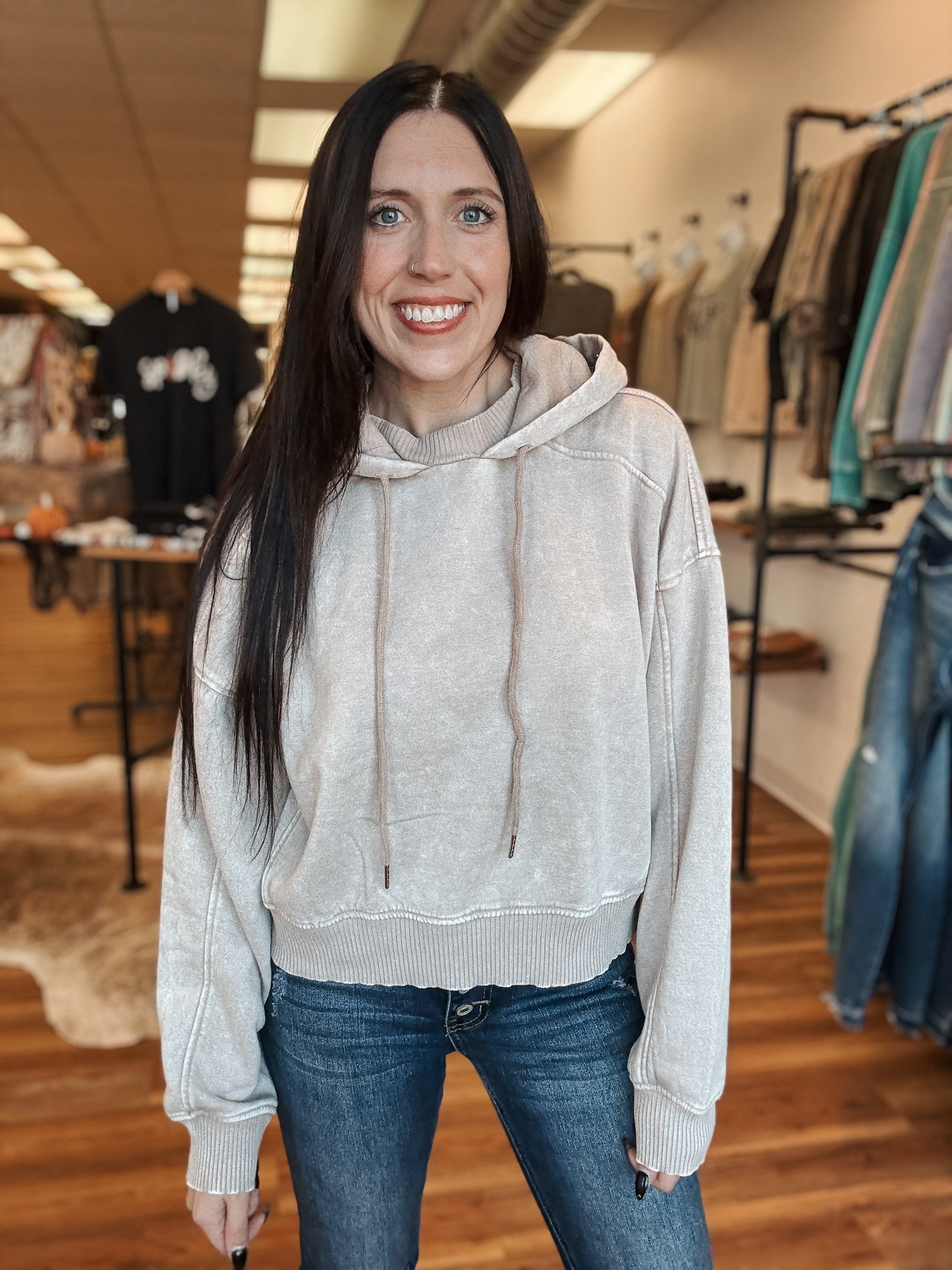 MINERAL WASH CROP HOODIE - ASH MOCHA