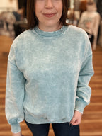 OVERSIZED ACID WASH FLEECE PULLOVER - DUSTY TEAL