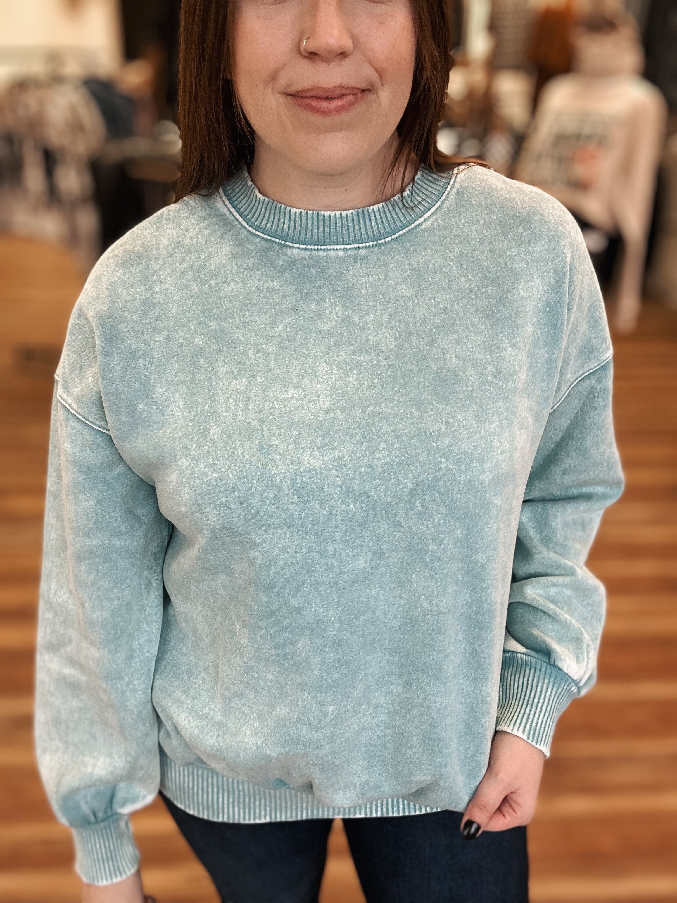 OVERSIZED ACID WASH FLEECE PULLOVER - DUSTY TEAL