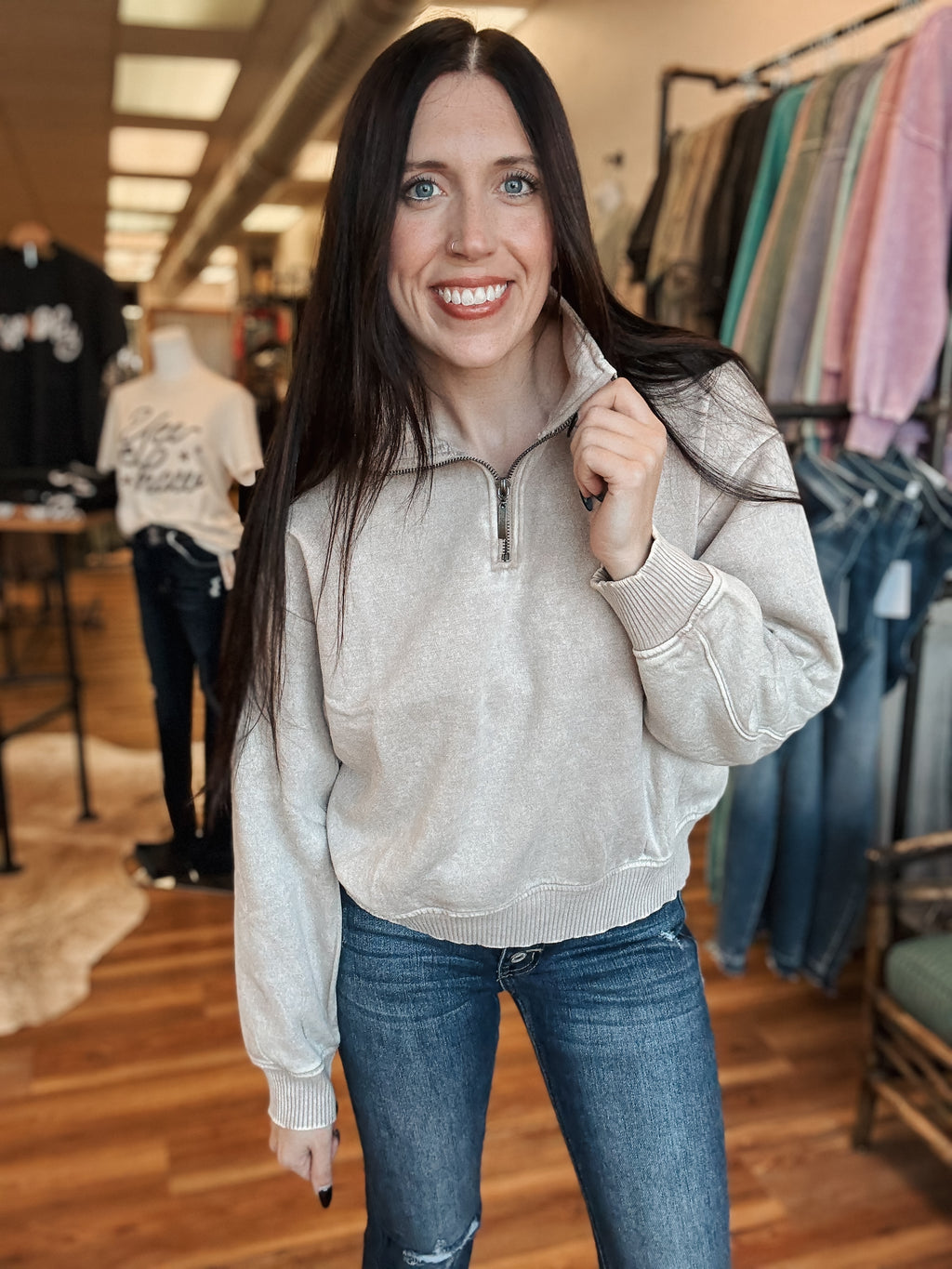 CROPPED ACID WASH 1/4 ZIP - ASH MOCHA