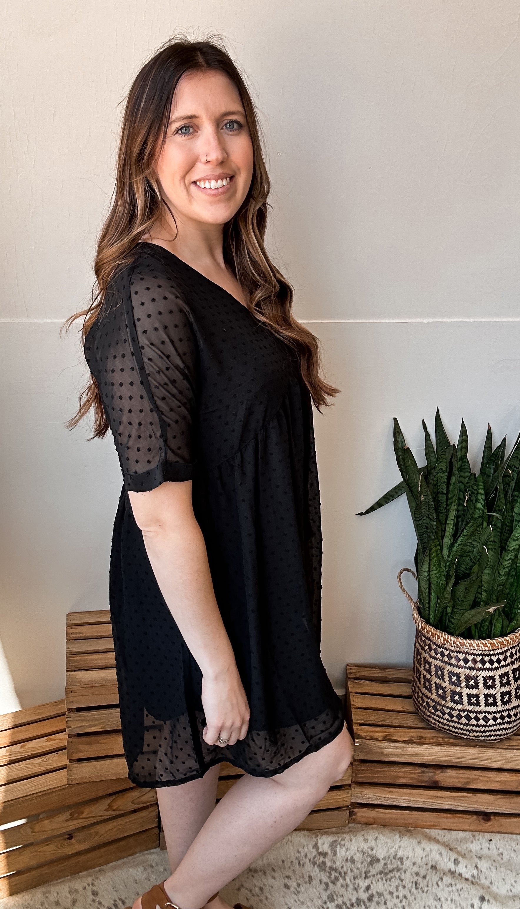 SWISS DOT BABYDOLL V-NECK DRESS - BLACK