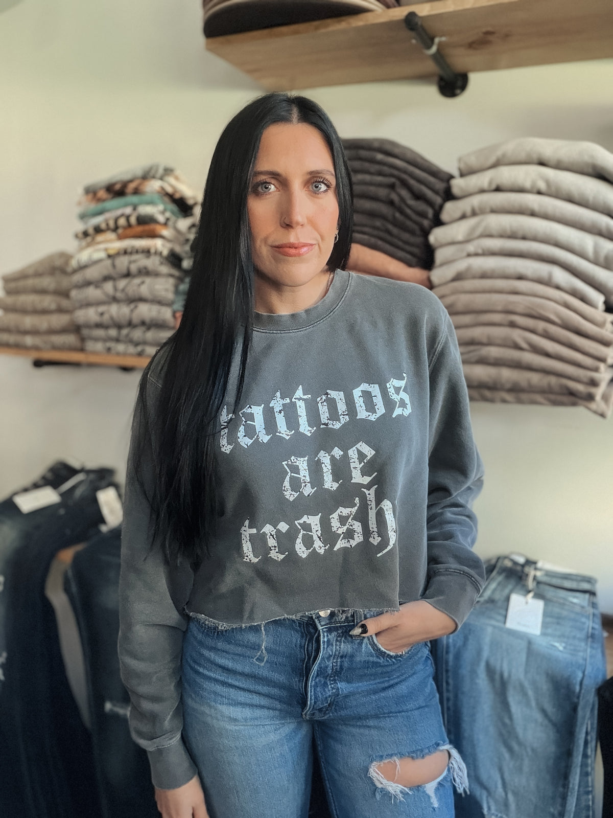 TATTOOS ARE TRASHY CROPPED CREWNECK