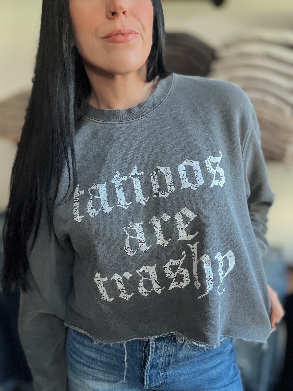 TATTOOS ARE TRASHY CROPPED CREWNECK