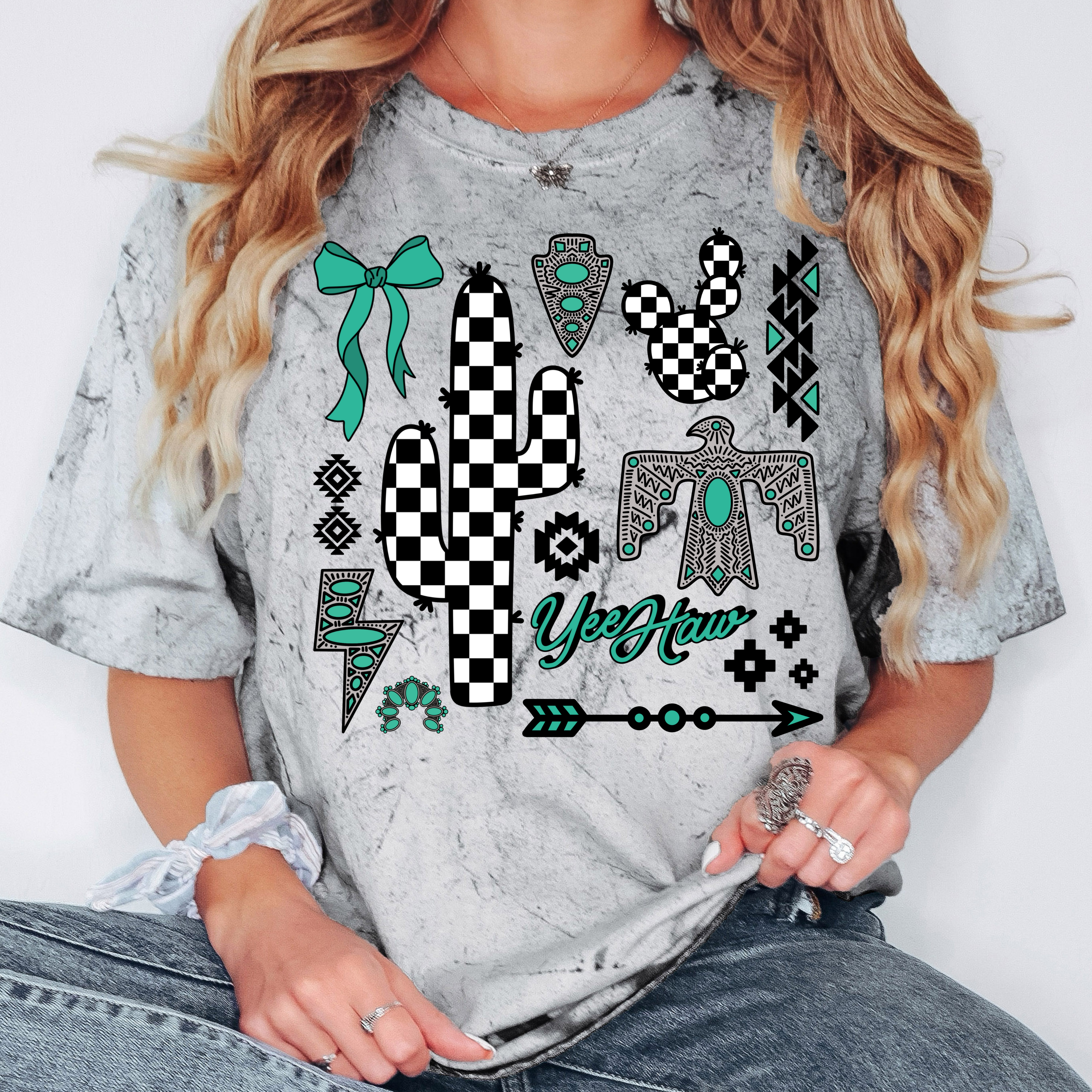 TURQUOISE + CHECKER COLLAGE SHIRT OR SWEATSHIRT