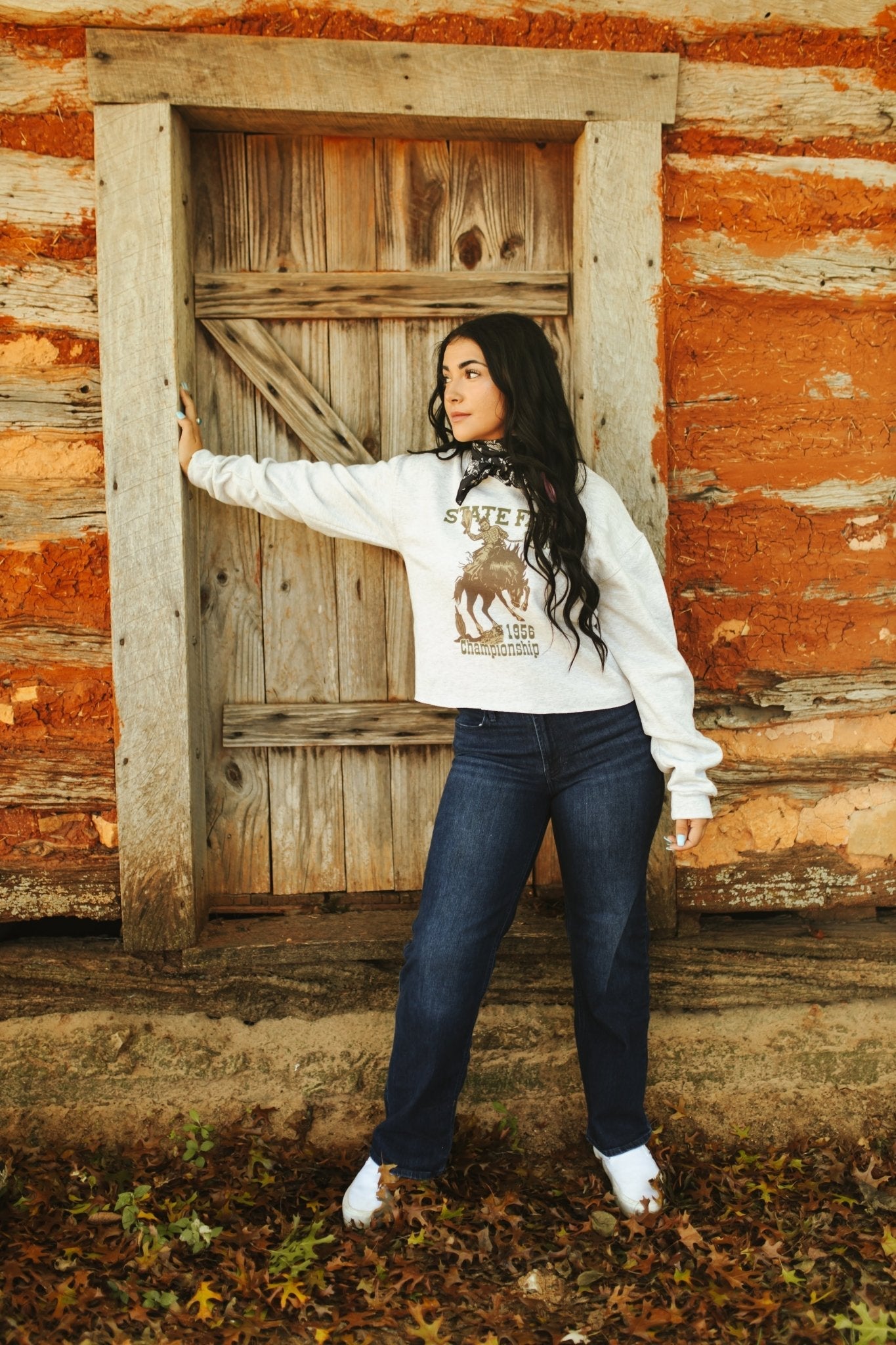 State Fair Rodeo Raw Hem V-Neck Crop Graphic