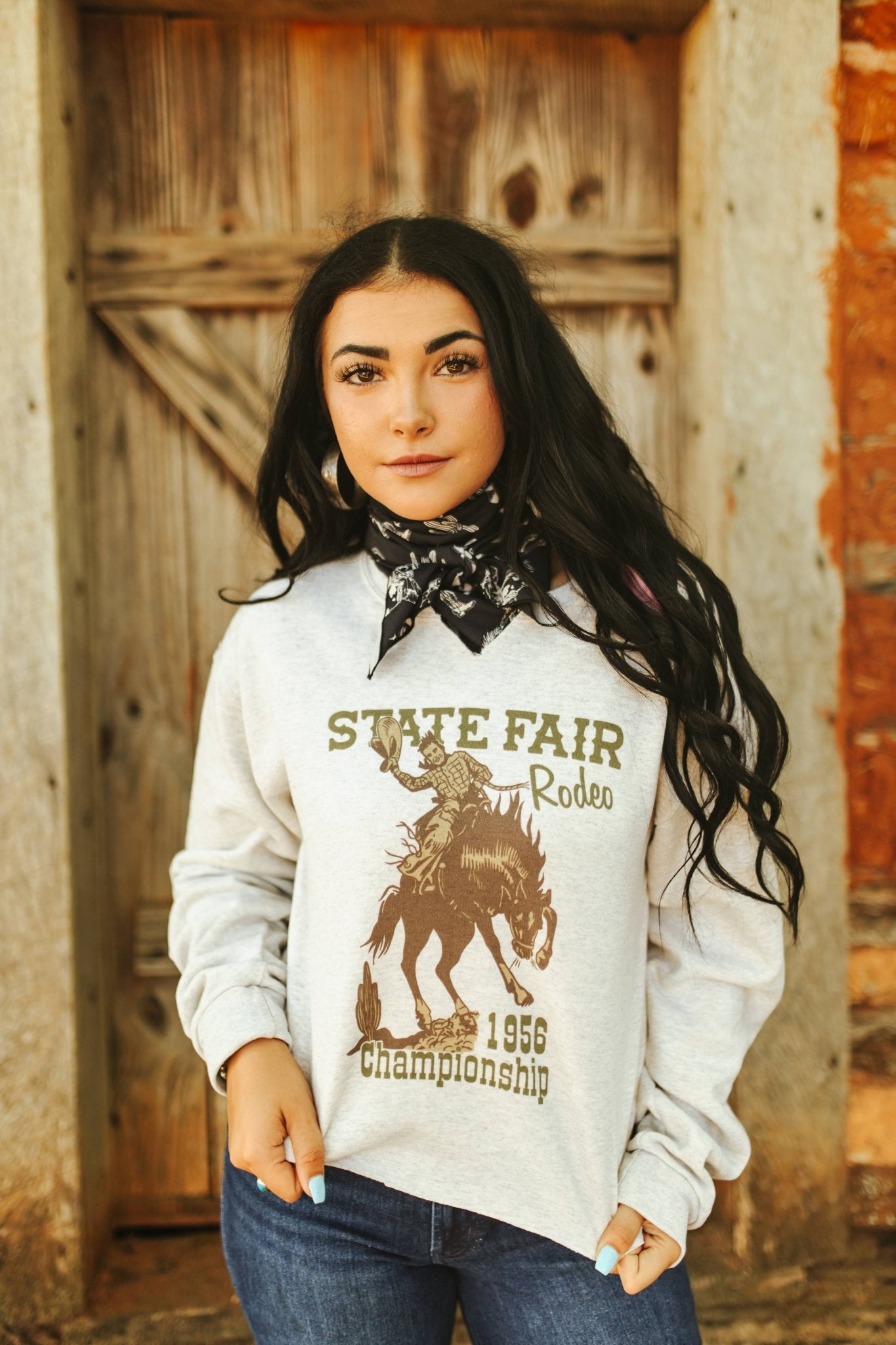State Fair Rodeo Raw Hem V-Neck Crop Graphic