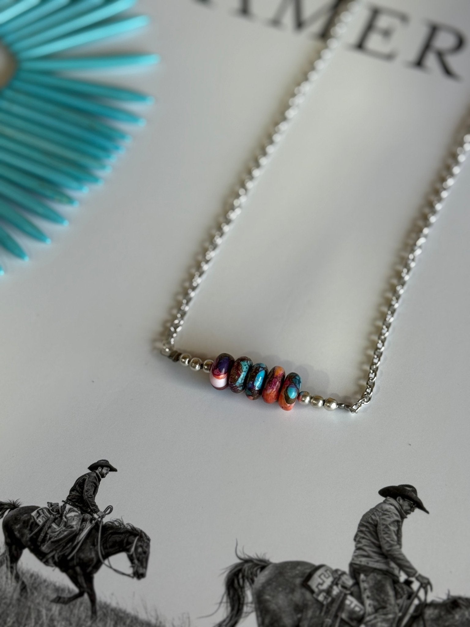 Turquoise Dahlia and Silver Beads Chain Necklace